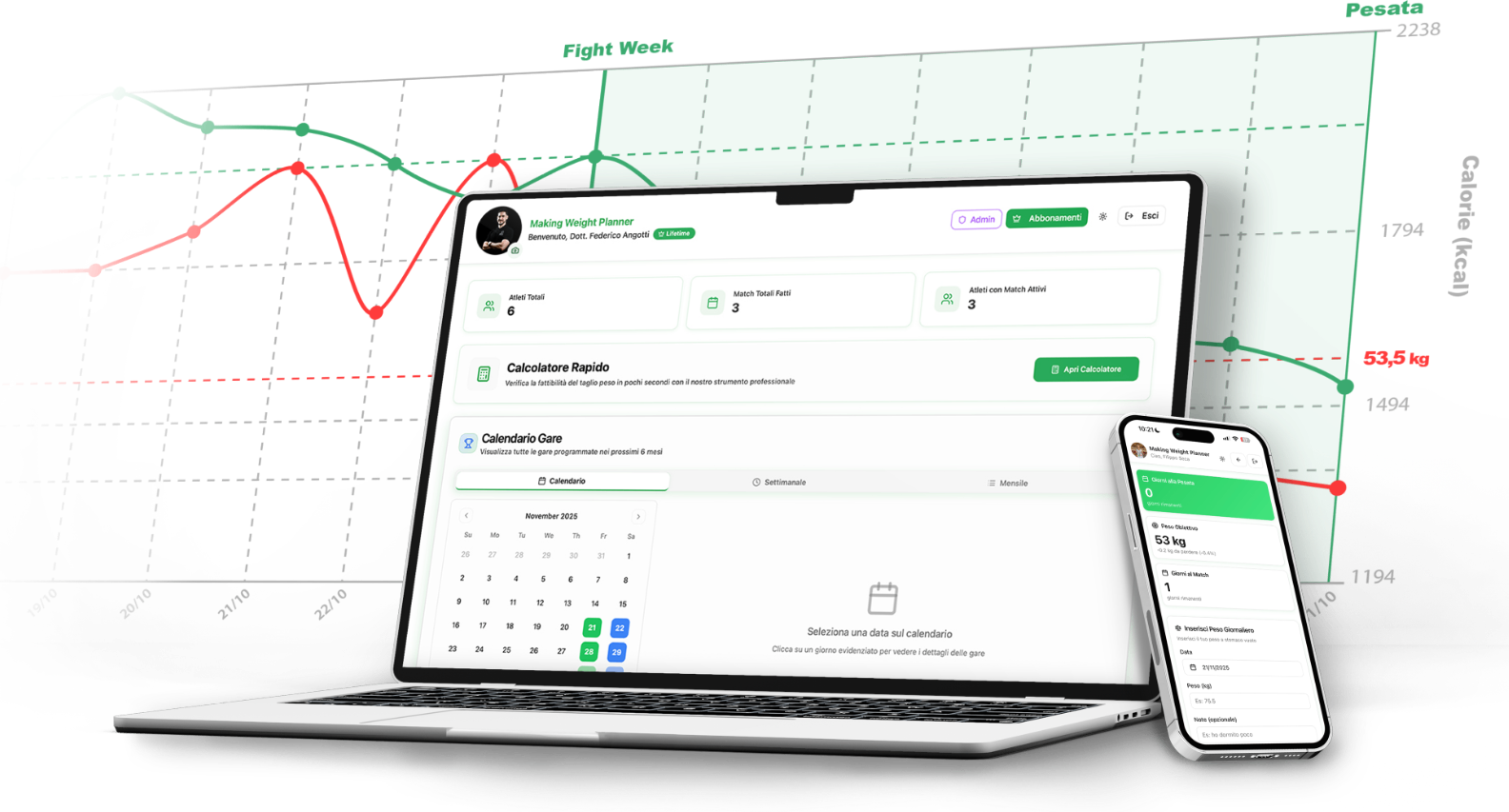 Mockup della piattaforma Making Weight Planner su laptop e smartphone
